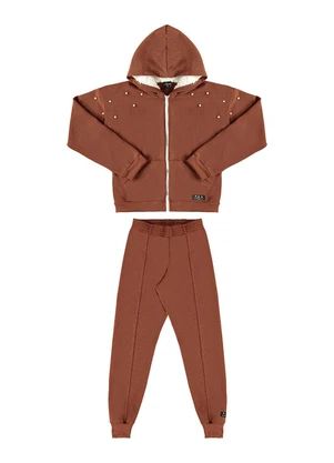 Milli e Nina - Conjunto Jaqueta e Calça Tricot Capuz Marrom - MILLI E NINA