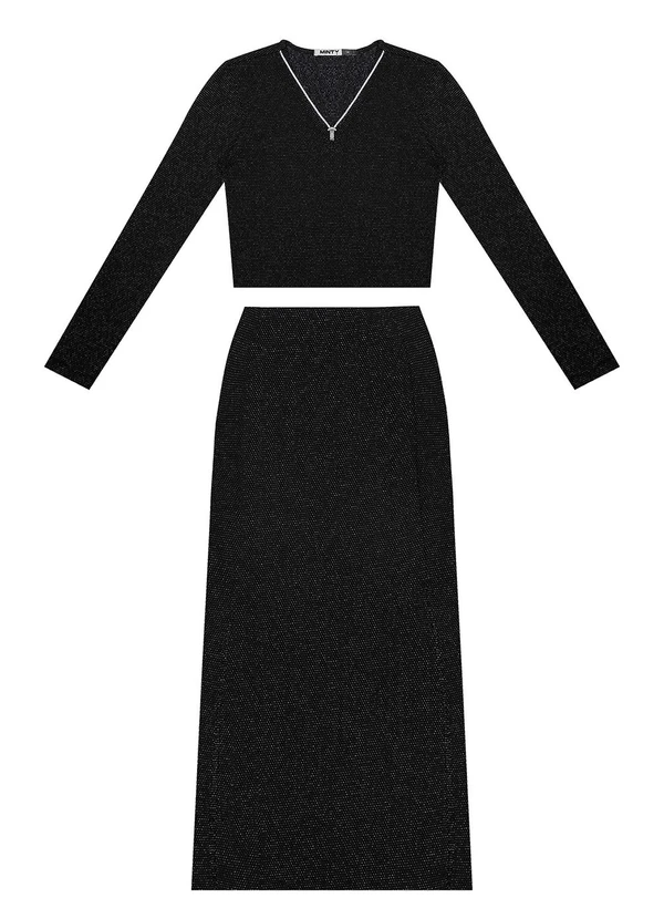 Minty - Conjunto Juvenil Blusa com Saia Midi Preto