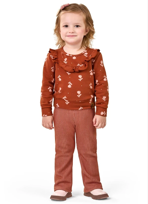 Elian - Conjunto Longo Infantil Floral Babado Marrom