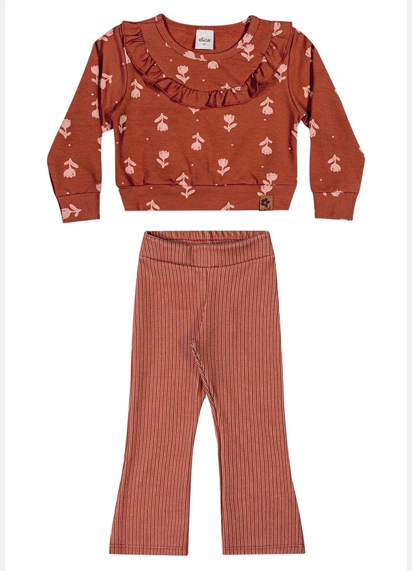 Elian - Conjunto Longo Infantil Floral Babado Marrom 2
