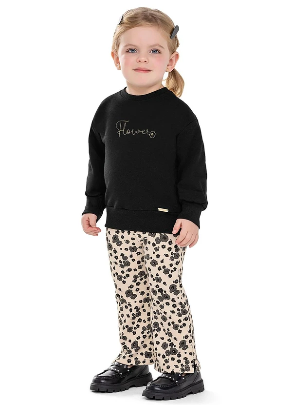 Colorittá - Conjunto Longo Infantil Menina Flowers Preto