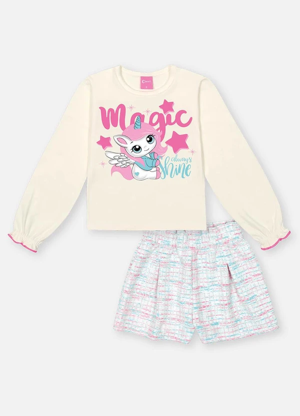 Abrange - Conjunto Longo Infantil Menina Unicórnio Bege