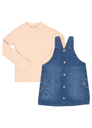 Pulla Bulla - Conjunto Malha Canelada e Jeans Rosa - PULLA BULLA