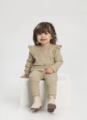 Alakazoo - Conjunto Menina com Blusão Bordado e Calça Bege - ALAKAZOO