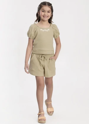 Alakazoo - Conjunto Menina com Shorts e Blusa Bordada Bege - ALAKAZOO