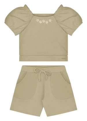 Alakazoo - Conjunto Menina com Shorts e Blusa Bordada Bege - ALAKAZOO
