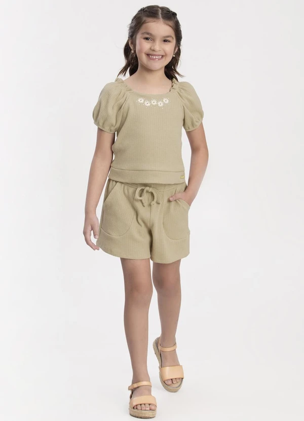Alakazoo - Conjunto Menina com Shorts e Blusa Bordada Bege