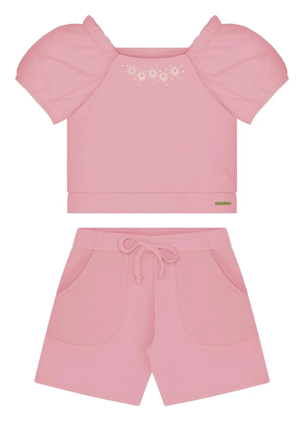Alakazoo - Conjunto Menina com Shorts e Blusa Bordada Rosa