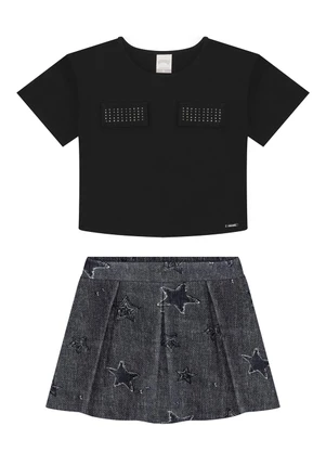 Alakazoo - Conjunto Menina com Shorts Saia e Blusa Preto - ALAKAZOO