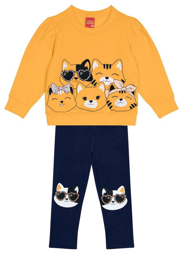 Kyly - Conjunto Menina Estampa de Gatinhos Amarelo