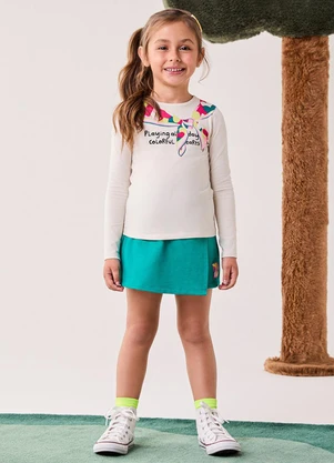 Bimbi - Conjunto Menina Manga Longa Estampado Off White - BIMBI