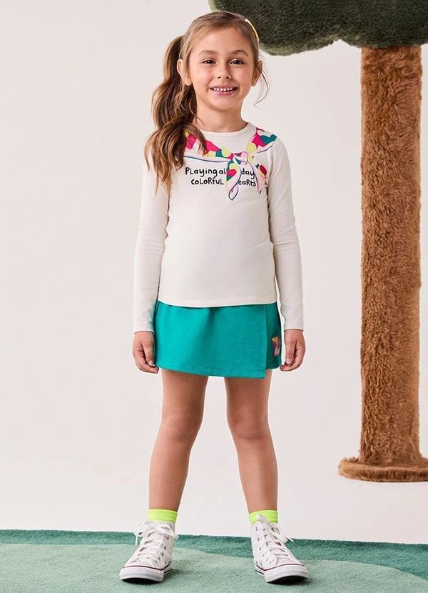 Bimbi - Conjunto Menina Manga Longa Estampado Off White
