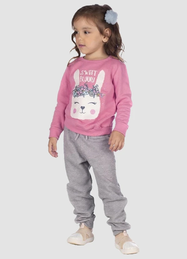 Turminha - Conjunto Moletom com Punhos e Calça Menina Rosa
