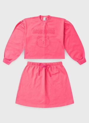 Vida Costeira - Conjunto Moletom Cropped Gatinho com Saia Pink - VIDA COSTEIRA