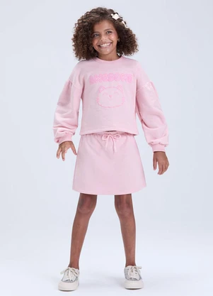 Vida Costeira - Conjunto Moletom Cropped Gatinho com Saia Rosa - VIDA COSTEIRA