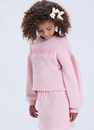 Vida Costeira - Conjunto Moletom Cropped Gatinho com Saia Rosa - VIDA COSTEIRA
