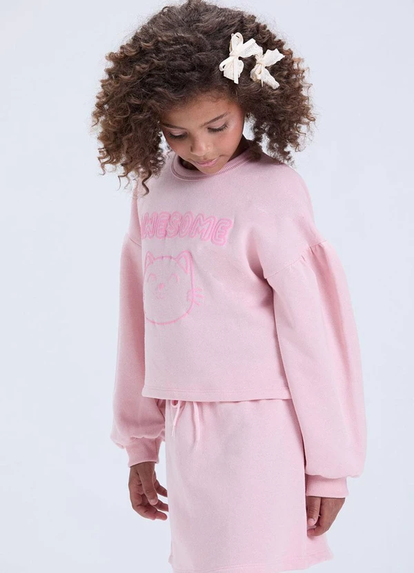 Vida Costeira - Conjunto Moletom Cropped Gatinho com Saia Rosa 2