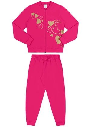 Outlet - Conjunto Moletom Zíper Corações Menina Rosa  - OUTLET