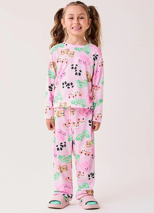 Bimbi - Conjunto Pijama Rosa de Suede Estampado Azul