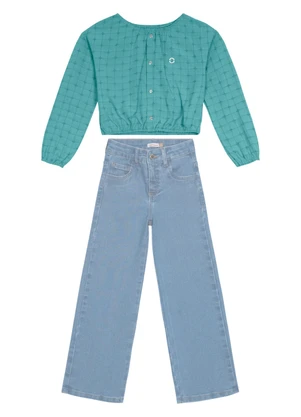 Carinhoso - Conjunto Xadrez Cropped Menina Azul - CARINHOSO