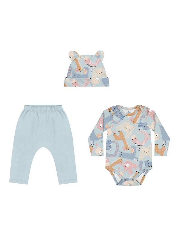 Elian - Kit Bebê Menina Estampado com Touca Azul 1