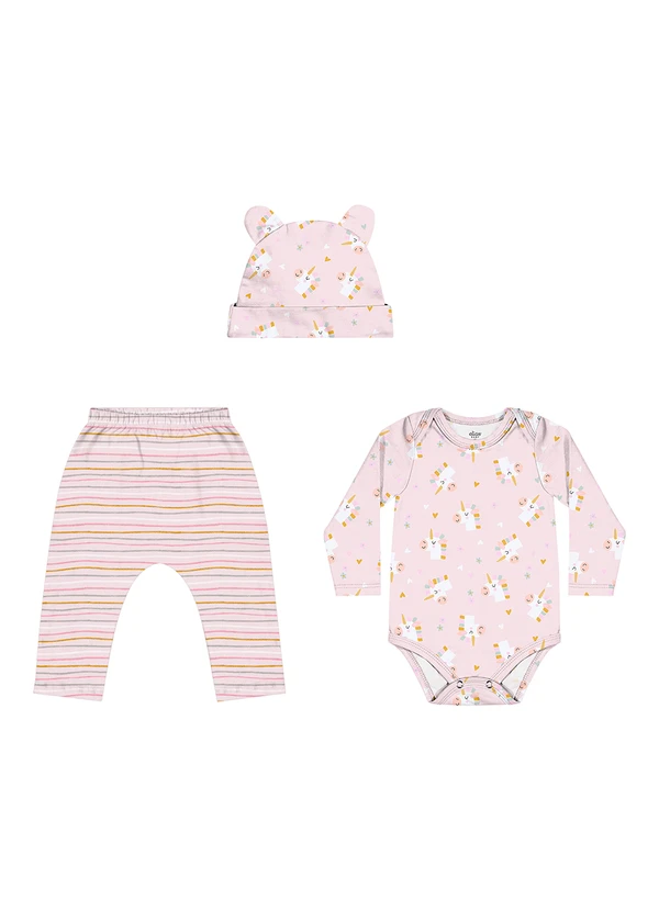 Elian - Kit Bebê Menina Estampado com Touca Rosa