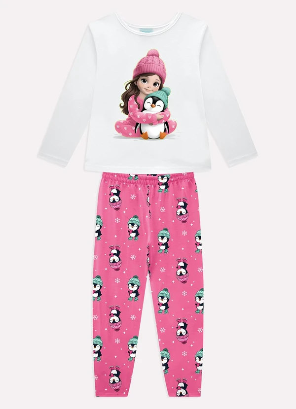 Kyly - Pijama Infantil Menina Pinguim Branco