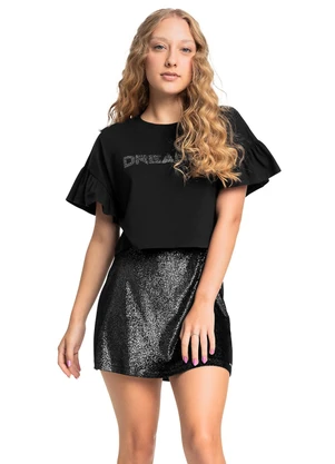 Gloss - Conjunto Blusa Cropped Saia Brilhante Preto - GLOSS