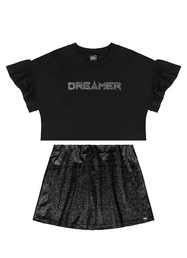 Gloss - Conjunto Blusa Cropped Saia Brilhante Preto 3