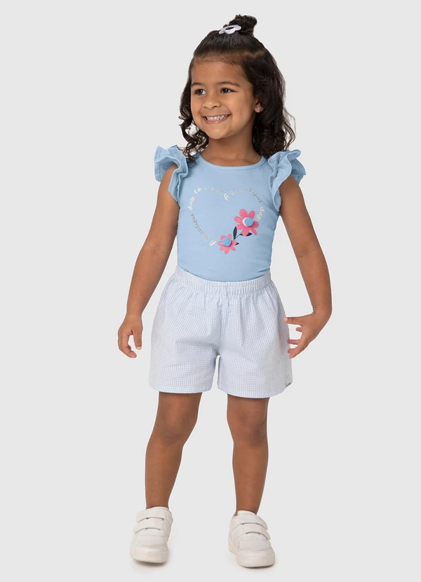 Malwee Kids - Conjunto Azul Pastel Flores com Pompom Menina