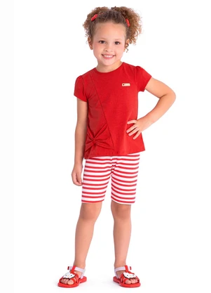 Duduka - Conjunto Bata e Bermuda  Listras Vermelho - DUDUKA