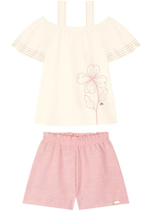 Milli e Nina - Conjunto Bata e Shorts em Sarja Maquinetada Bege - MILLI E NINA