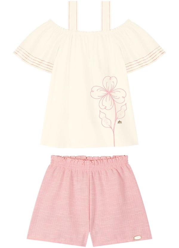 Milli e Nina - Conjunto Bata e Shorts em Sarja Maquinetada Bege 1