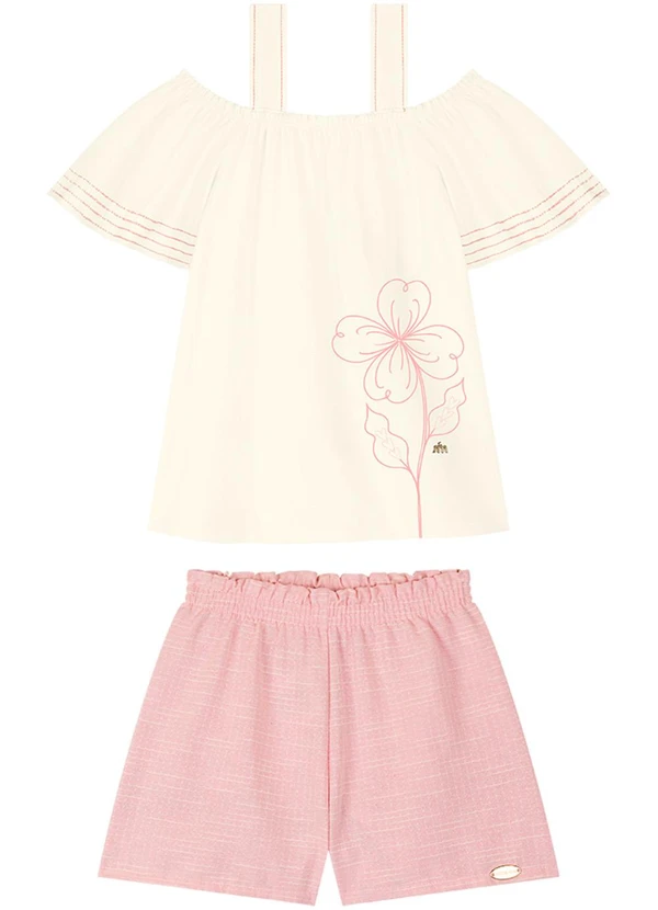 Milli e Nina - Conjunto Bata e Shorts em Sarja Maquinetada Bege