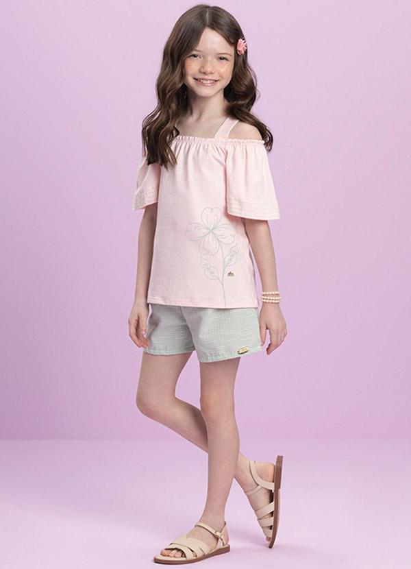 Milli e Nina - Conjunto Bata e Shorts em Sarja Maquinetada Rosa