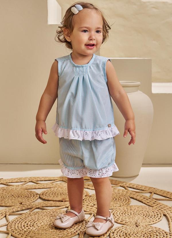 Pokótinha - Conjunto Bata e Shorts em Tecido Stripe Azul
