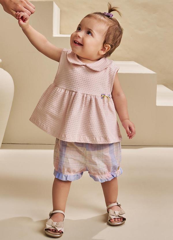 Pokótinha - Conjunto Bata em Cotton e Shorts em Voil Rosa