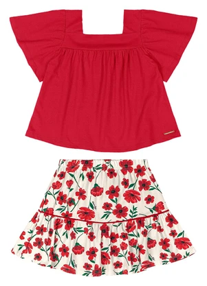 Quimby - Conjunto Bata Lisa Saia Estampado Vermelho - QUIMBY