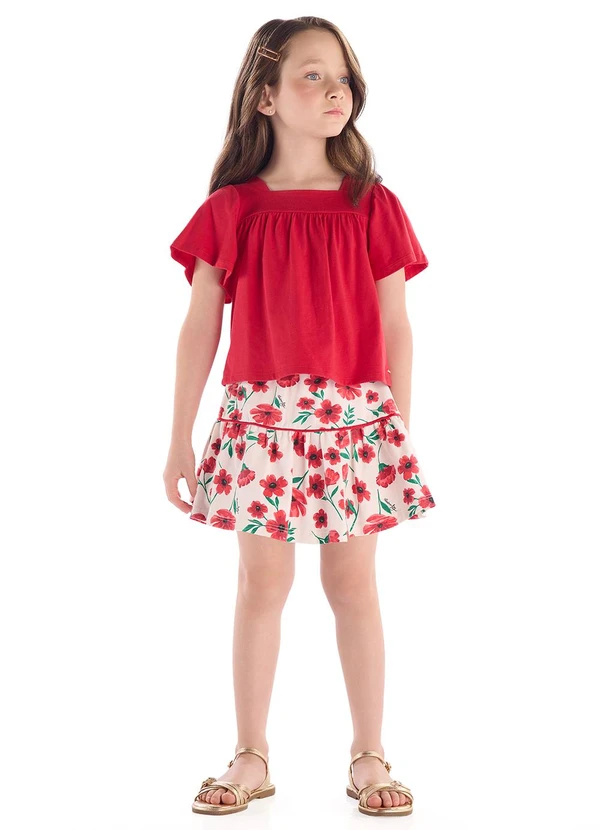 Quimby - Conjunto Bata Lisa Saia Estampado Vermelho