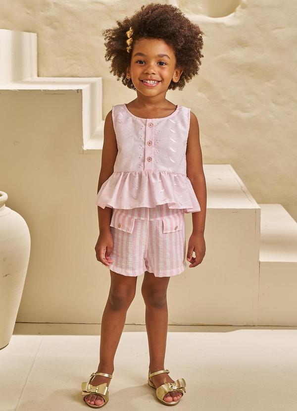 Pokótinha - Conjunto Bata Tecido Bordado e Shorts Touch Rosa 3