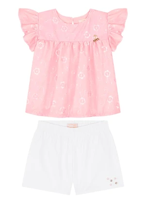 Milli e Nina - Conjunto Bebê Blusa Bata e Shorts em Sarja Rosa - MILLI E NINA
