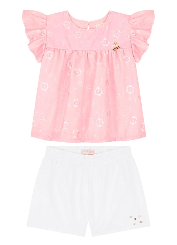 Milli e Nina - Conjunto Bebê Blusa Bata e Shorts em Sarja Rosa