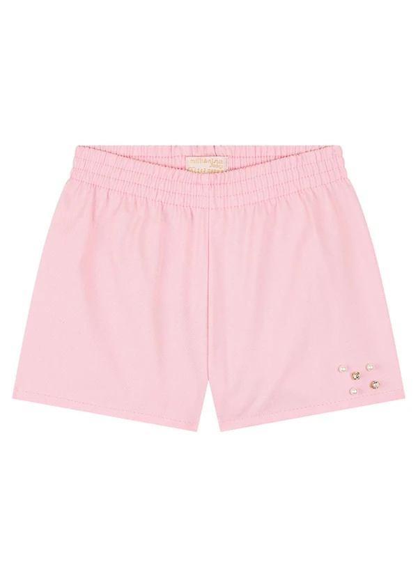 Milli e Nina - Conjunto Bebê Blusa Bata e Shorts em Sarja Rosa 2