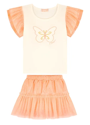 Milli e Nina - Conjunto Bebê Blusa e Saia em Tule Brilho Bege - MILLI E NINA