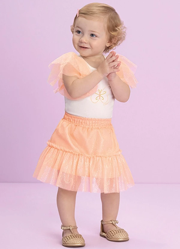 Milli e Nina - Conjunto Bebê Blusa e Saia em Tule Brilho Bege