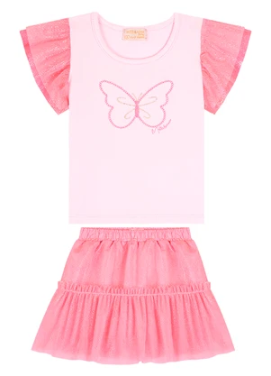 Milli e Nina - Conjunto Bebê Blusa e Saia em Tule Brilho Rosa - MILLI E NINA