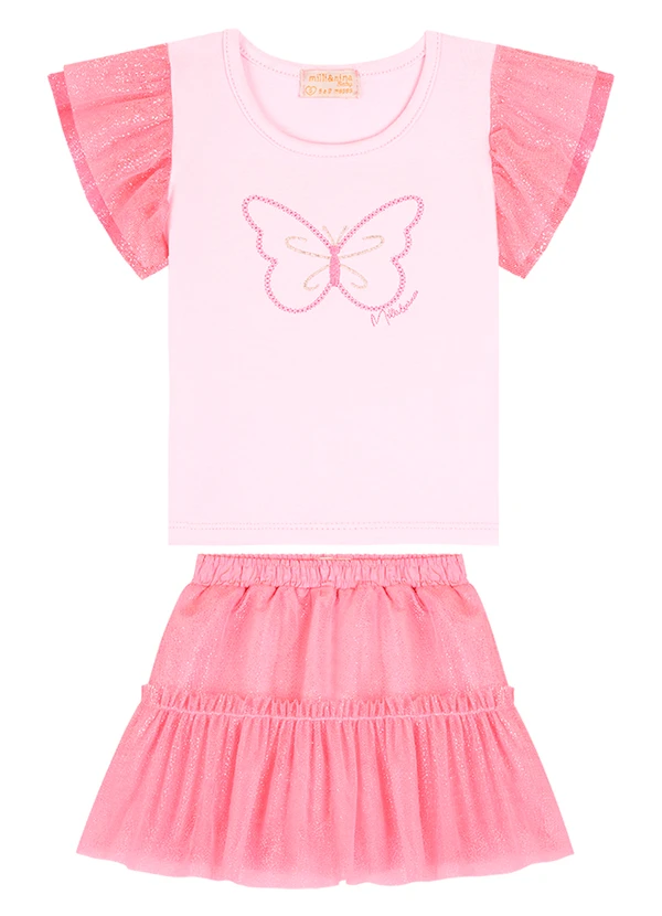 Milli e Nina - Conjunto Bebê Blusa e Saia em Tule Brilho Rosa