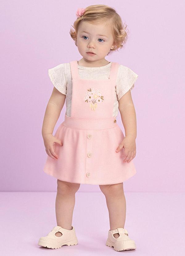 Milli e Nina - Conjunto Bebê Blusa e Salopete Malha Waffer Rosa