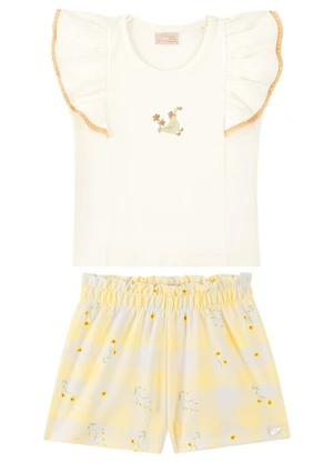 Milli e Nina - Conjunto Bebê Blusa e Shorts de Malha Vichy Bege - MILLI E NINA