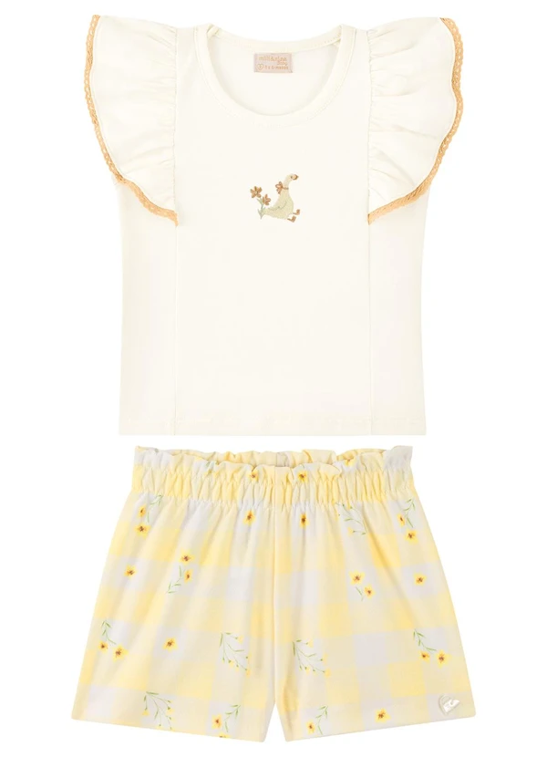Milli e Nina - Conjunto Bebê Blusa e Shorts de Malha Vichy Bege